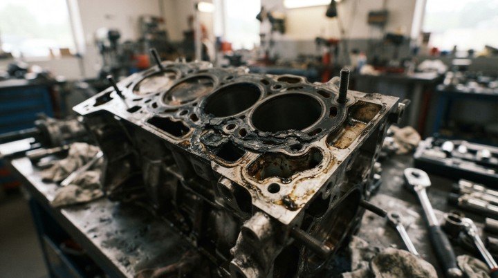 A Failed Head Gasket Allows Coolant Into a Cylinder